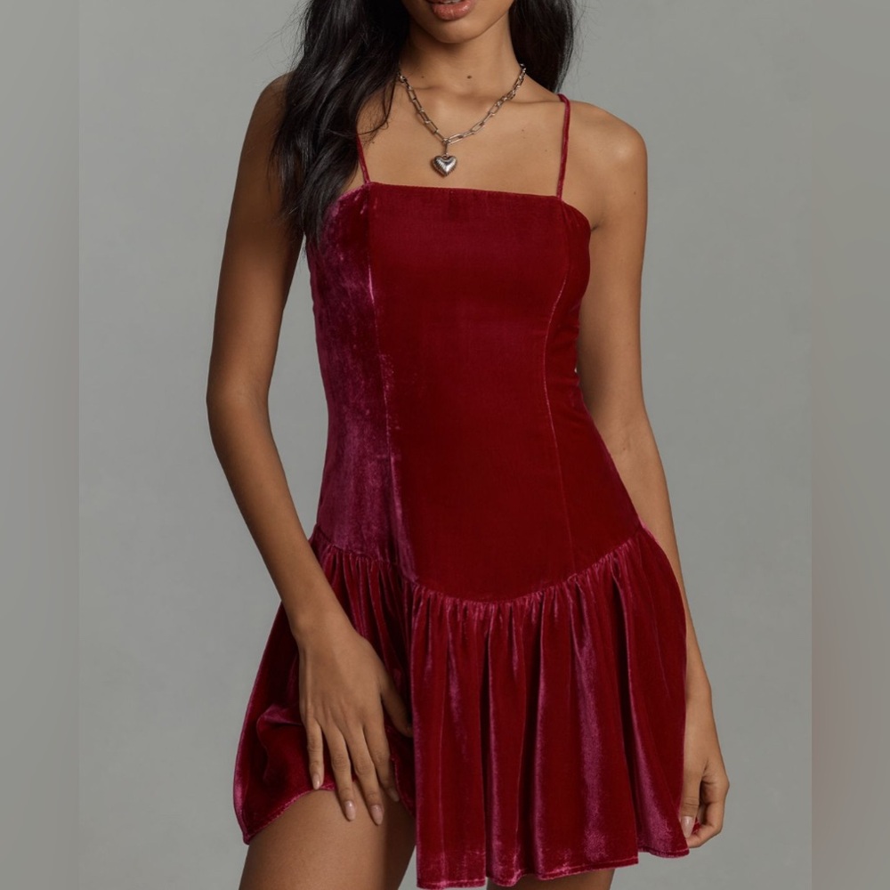 Maeve Drop-Waist Velvet Mini Dress in Red